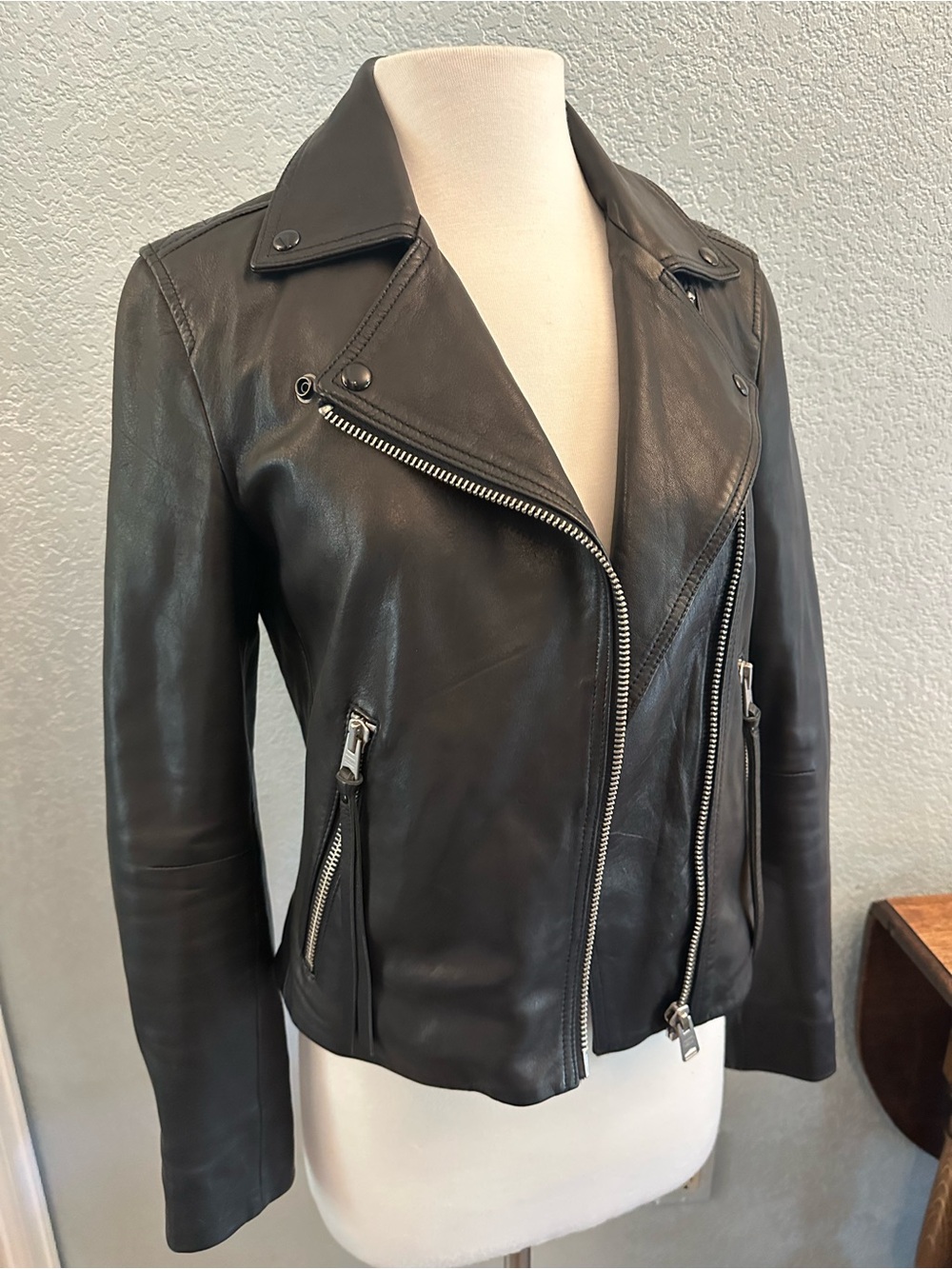 All Saints Classic Black Leather Moto Jacket - Women US4 / UK8 / EU36